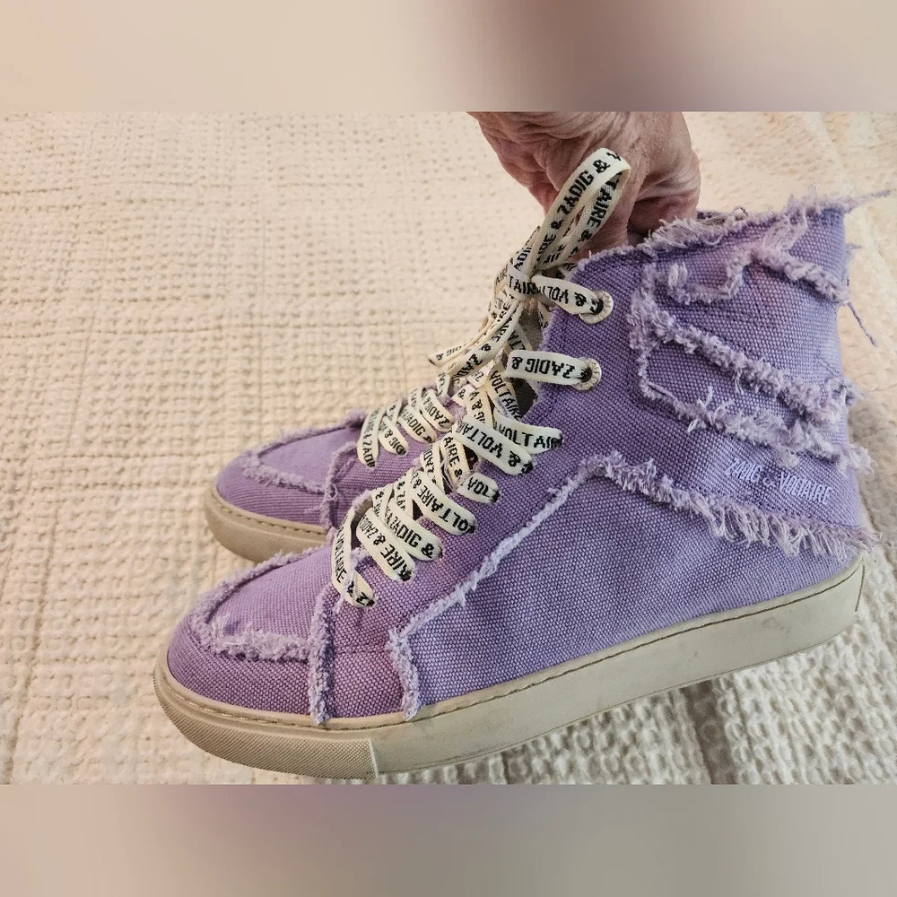 Zadig & Voltaire Lavender Distressed High-Top Cotton Canvas Sneakers Sz 40/9-9.5